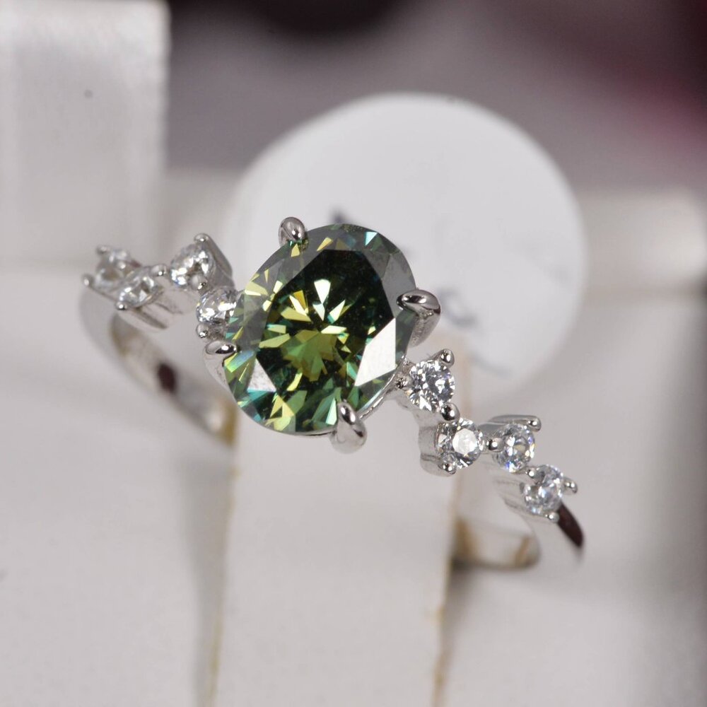 1.5ct Oval Cut Green Moissanite Engagement Ring